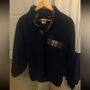 Southern Proper Navy Fleece Pullover with Plaid Detail, size Small